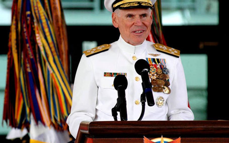 Adm. William J. Fallon addresses his new command, the U.S. Pacific Command. Fallon relieved Adm. Thomas B. Fargo.