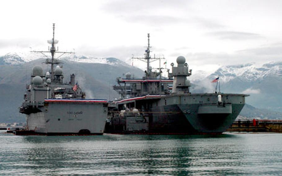 USS La Salle, left, and the USS Mount Whitney in Gaeta, Italy.