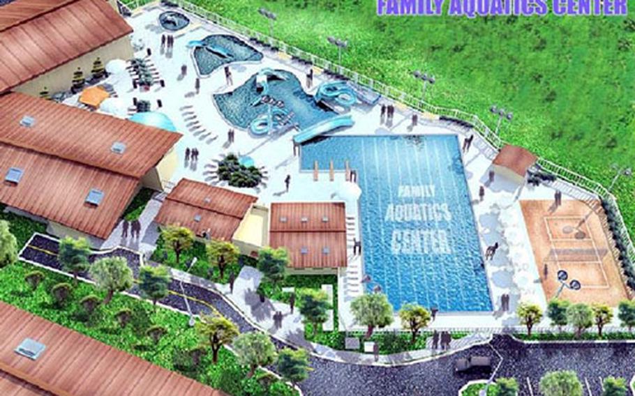 A contractor's sketch depicts the family acquatics center planned for the Army's Camp Humphreys in Pyongtaek, South Korea.