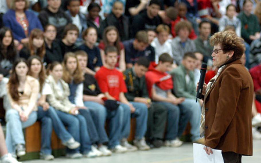 Rachel Dror, whose parents were killed in Auschwitz during the Holocaust, tells a packed gym of students at Stuttgart’s Patch High School how Nazi guards ransacked her house and forced her to flee Germany when she was in her teens.