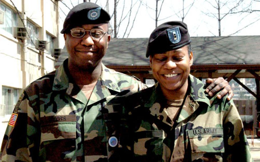 Sgt. Steven Myers and his mother, Chief Warrant Officer 2 Michelle Smith, work at neighboring buildings on Yongsan Garrison, South Korea.