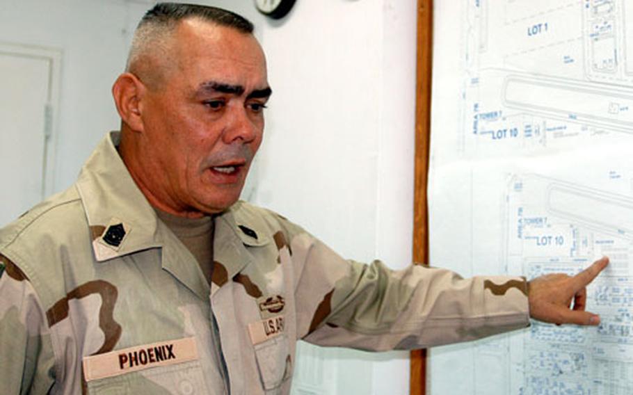 Sgt. Maj. Michael Phoenix, Camp Doha’s command sergeant major, explains the U.S. Army plans to close Camp Doha, Kuwait, starting with facilities in the southern area of the base.