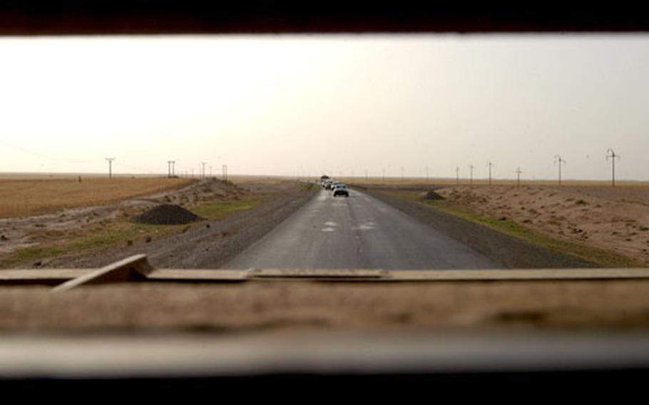 Drivers along Iraq&#39;s highways have become accustomed to staying at least 100 meters behind U.S. military vehicle convoys, as seen from the back of the Army&#39;s newest wheeled tactical vehicle, the Stryker.