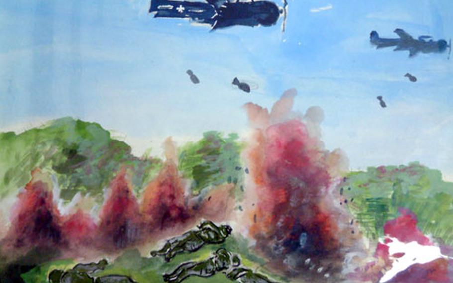 About 100 Battle of Okinawa drawings like this one are on display for one week, beginning Friday, at Tenbusu Naha, a gallery located on Kokusai Street in Naha, Okinawa.