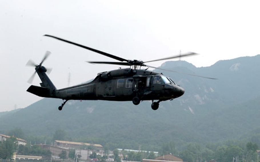 A Black Hawk departs Camp Stanley on Friday.