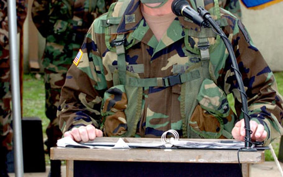 Army Lt. Col. Scott P. Kubica makes remarks at Camp Humphreys in South Korea, where he assumed command Friday of 2nd Battalion, 52nd Aviation Regiment.