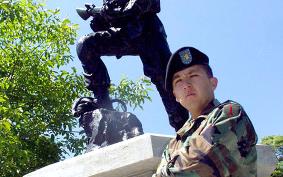 Cpl. Jared Luera of the 1st Infantry Division headquarters staff spearheaded the $60,000 fund-raising drive for the fallen soldiers monument, which is to be dedicated Monday in Würzburg, Germany. It is in memory of the 193 soldiers from the 1st ID and its attached units who died during Operation Iraqi Freedom.