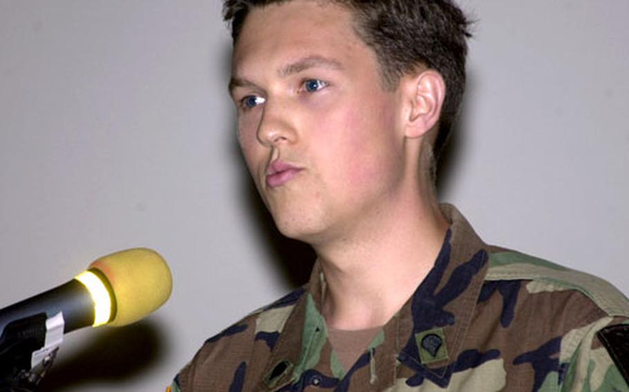 Army Spc. Joseph J. Waldal speaks Korean during a speech contest May 31 at Yongsan Garrison, South Korea.