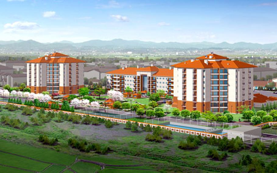 An artist’s rendering depicts two circular family housing towers, part of a $40.7 million construction project still under way at Camp Humphreys in South Korea.