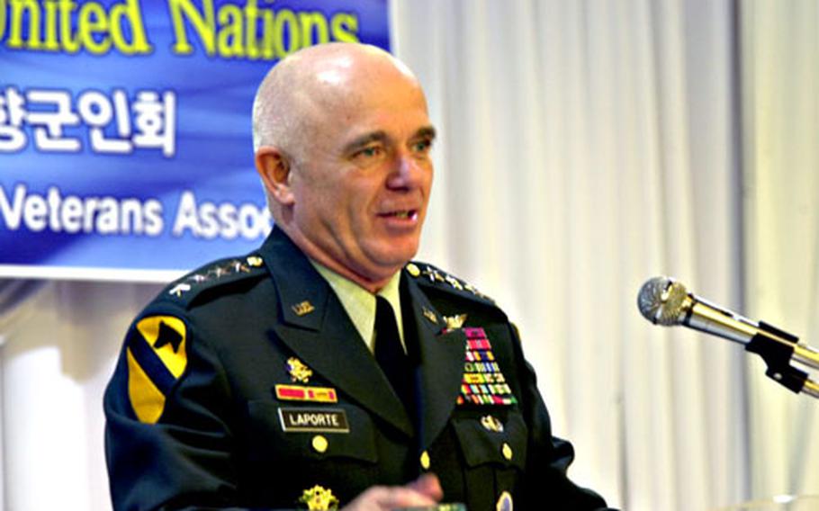 U.S. Forces Korea commander Gen. Leon J. LaPorte speaks Friday at The War Memorial of Korea during a ceremony honoring veterans of the United Nations force that helped fight the Korean War.