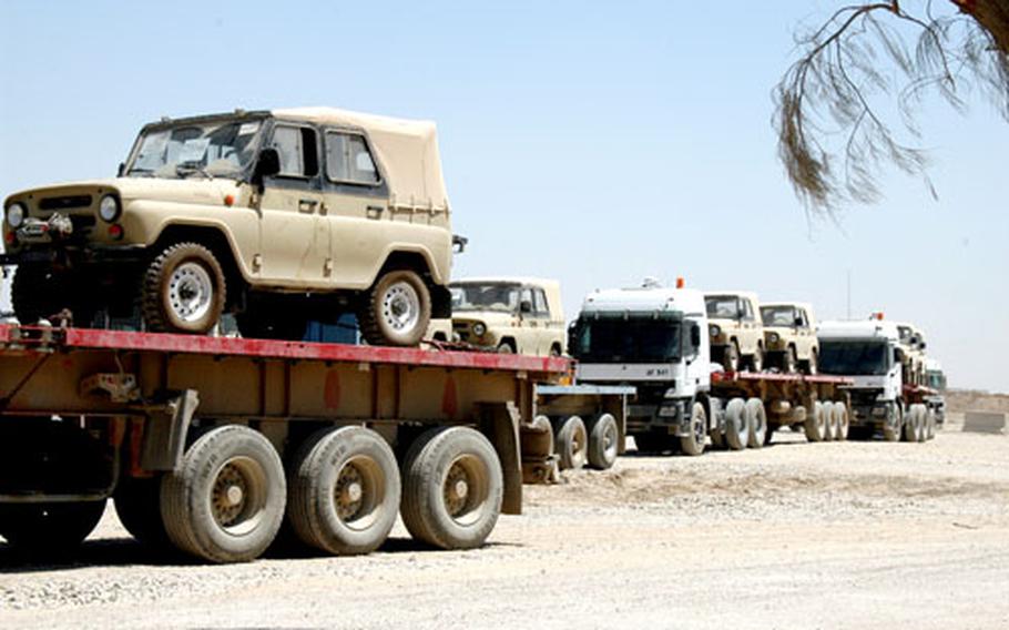 Thirty-four Russian-made jeeps arrived Monday morning at FOB Gabe, where a group of American soldiers are overseeing the operations and the supplies for an Iraqi brigade. The trucks are for the Iraqis, who will probably use them to drive around various camps under the brigade's control.