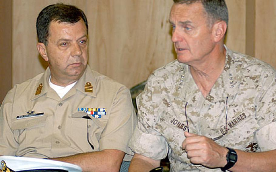 U.S. Marine Corps Gen. James L. Jones, NATO’s Supreme Allied Commander, speaks during a news conference on Thursday at Kandahar Airfield about the International Security Assistance Force in Afghanistan. With Jones were senior NATO military and civilian officials, including Greek Adm. Panagiotis Chinofotis, chief of the Hellenic National Defense General Staff, the equivalent to the U.S. chairman of the Joint Chiefs of Staff.