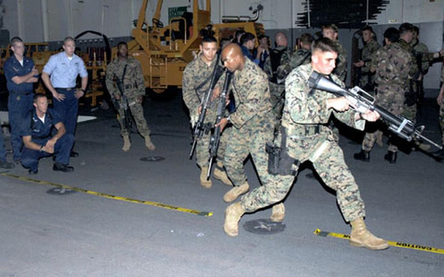 Marines of 2nd Platoon, 2nd Fleet Antiterrorism Security Team currently deployed from Rota, Spain, conduct maritime interdiction training, for U.S., French, Italian, and Moroccan sailors aboard the USS Nashville during Barbary Thunder II.
