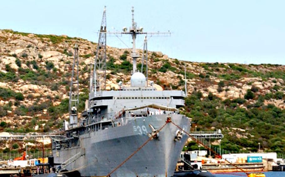 Submarines USS Philadelphia and USS Augusta sit alongside the submarine tender USS Emory S. Land at La Maddalena, Sardinia, after the conclusion of the three-week Operation Shark Hunt 2005, which ended last week.