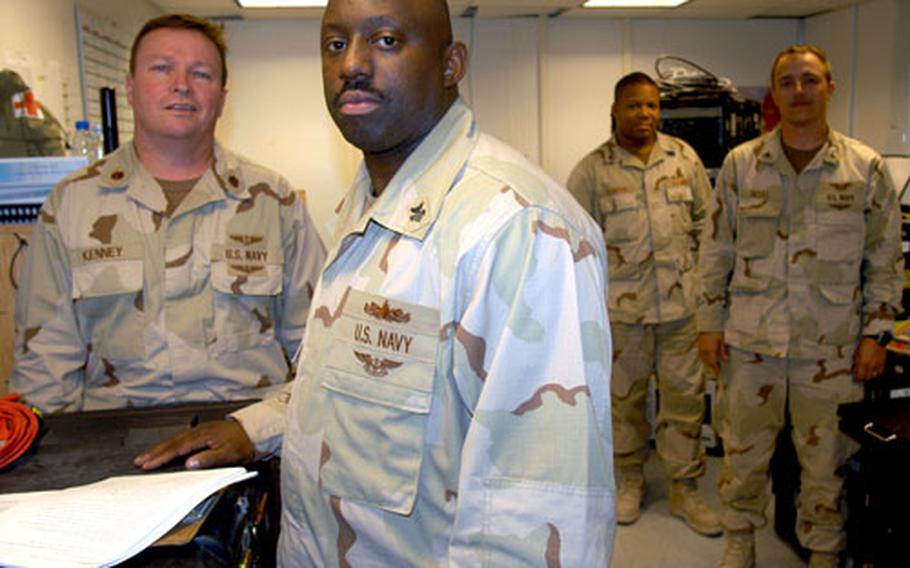 Members of the Mobile Operations Control Center at Kandahar Airfield, Afghanistan, deploy worldwide in support of P-3 Orion surveillance operations. A six-man detachment from Jacksonville, Fla., is serving in Kandahar. Four of the unit’s sailors are, from left, Lt. Cmdr. Brian Kenney, detachment commander; Petty Officer 1st Class Ray Sibby; Petty Officer 2nd Class Ben Clanton; and Petty Officer 2nd Class Danny Scull.