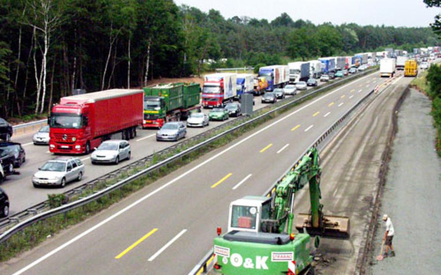 Westbound traffic along Autobahn 6 inches forward on a recent afternoon in the Kaiserslautern military community in Germany. The A6 is undergoing massive construction in preparation for next year’s World Cup soccer championship.