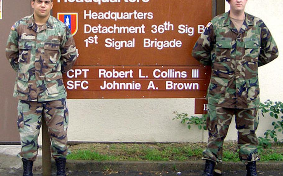 Spc. Norman P. Portillo, left, and Spc. Nathan A. Bird, of the 36th Signal Battalion, have been nominated for Army Achievement Medals after assisting an injured South Korean motorist.