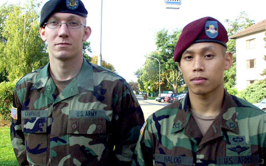 Sgt. Jeremy Kamphuis, left, a military police officer with the 127th MP Company in Hanau, Germany, and Pfc. James Halog, a parachute rigger with the 5th Quartermaster Detachment in Kaiserslautern, Germany, were named noncommissioned officer and soldier of the year, respectively, for U.S. Army Europe.