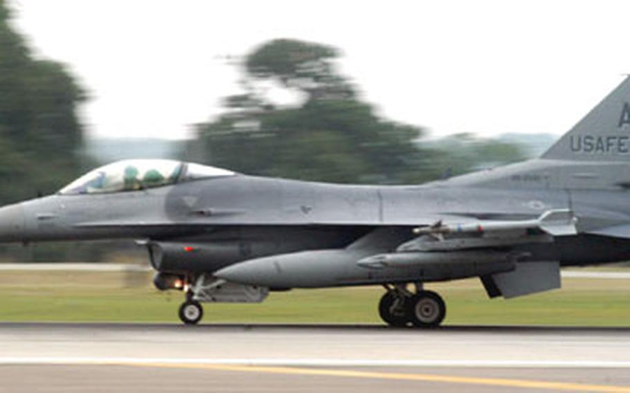 An F-16 Falcon from Aviano Air Base, Italy, takes off Friday at RAF Lakenheath, England, as part of Excalibur, a fighter jet competition between U.S. Air Forces in Europe and Royal Air Force squadrons.