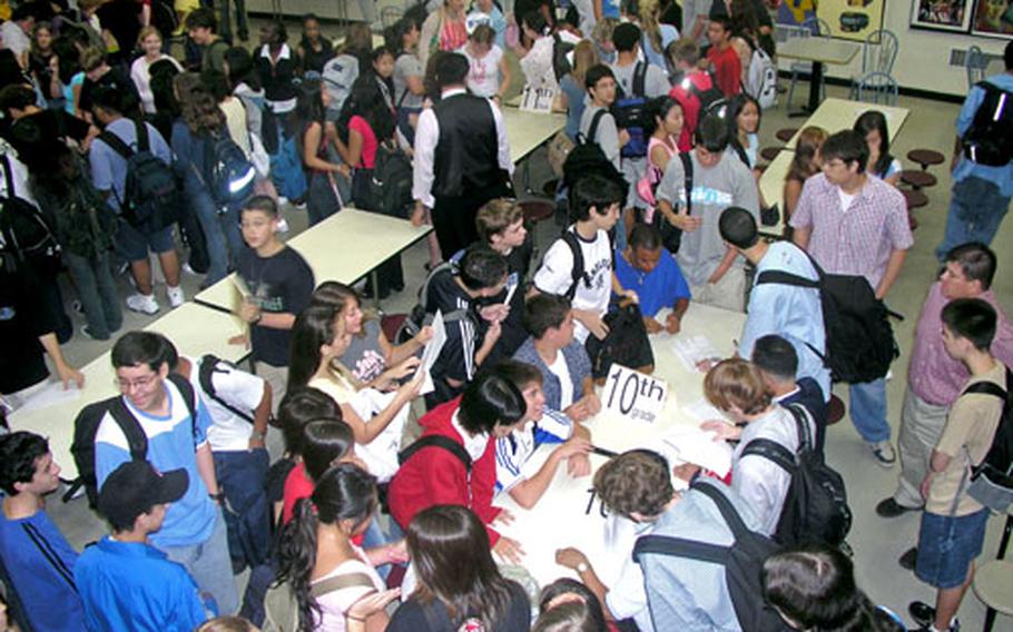 Students flock to Osan American High School on Osan Air Base, South Korea, in August 2004, just as more than 20,000 DODDS students throughout the Pacific will do Tuesday, the first day of the school year.