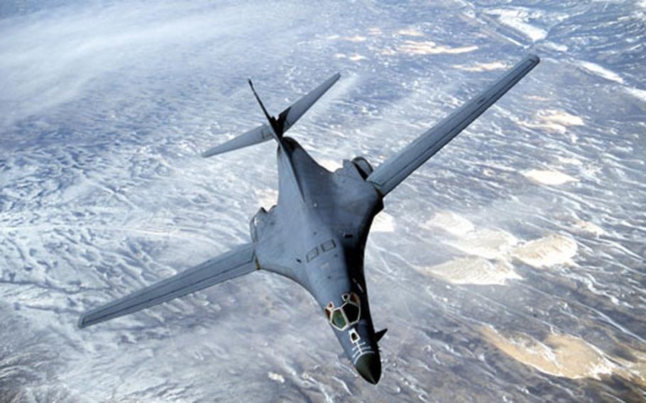 A B-1B Lancer soars over Wyoming. Six B-1Bs from the 28th Bomb Wing at Ellsworth Air Force Base, S.D., are bound for Andersen Air Force Base on Guam. The bombers will replace four B-2 Spirits from the 325th Expeditionary Bomb Squadron from Whiteman Air Force Base, Mo.