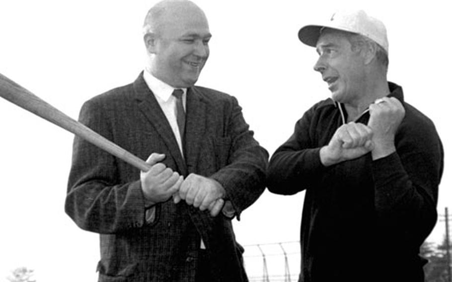 Joe DiMaggio and Stars and Stripes sportswriter Kent Nixon at Tokyo in October, 1968.