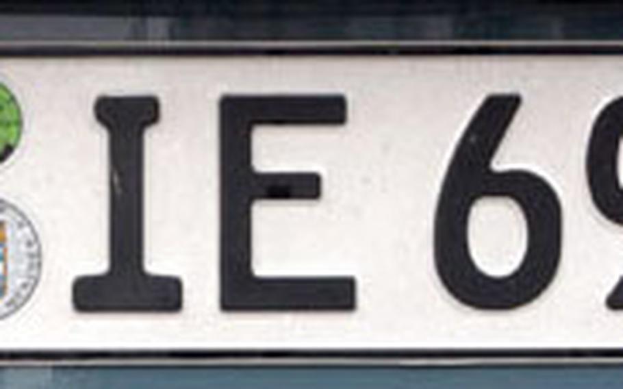 The Army is doing away with the “USA” license plates, top, citing force protection. The German plate, above, has the European Union symbol and a D for Deutschland (Germany). The changes, to be phased out over two years, will start in December.
