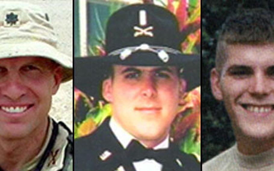 From left, Lt. Col. Michael McMahon, Chief Warrant Officer Travis Grogan and Spc. Harley Miller were killed in a helicopter crash in Afghanistan in 2004.