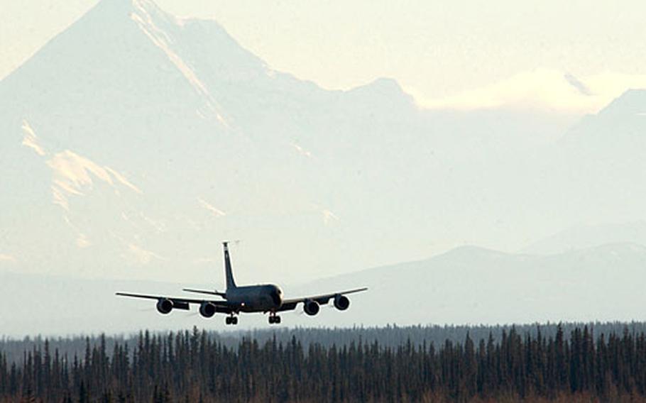A KC-135 Stratotanker from Kadena Air Base, Japan, lands at Eielson Air Force Base, Alaska, on Oct. 7 after an area familiarization flight in preparation for exercise Cope Thunder 06-1.