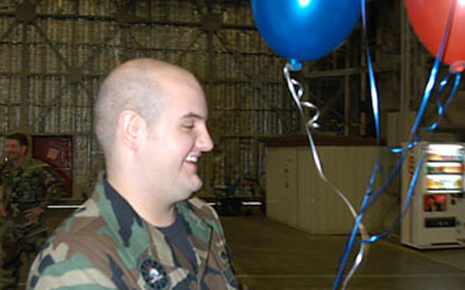 Senior Airman Jeremy Rader of Misawa Air Base, Japan, was all smiles after he found out Friday morning that he won a Hawaiian vacation for two in Pacific Air Forces’ Pentathlon game. Rader was one of three winners at Misawa. Fifteen winners throughout PACAF were chosen at random and announced.