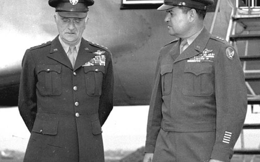 Gen. Carl Spaatz, left, is welcomed to Wiesbaden, Germany, by Lt. Gen Curtis LeMay in May, 1948.