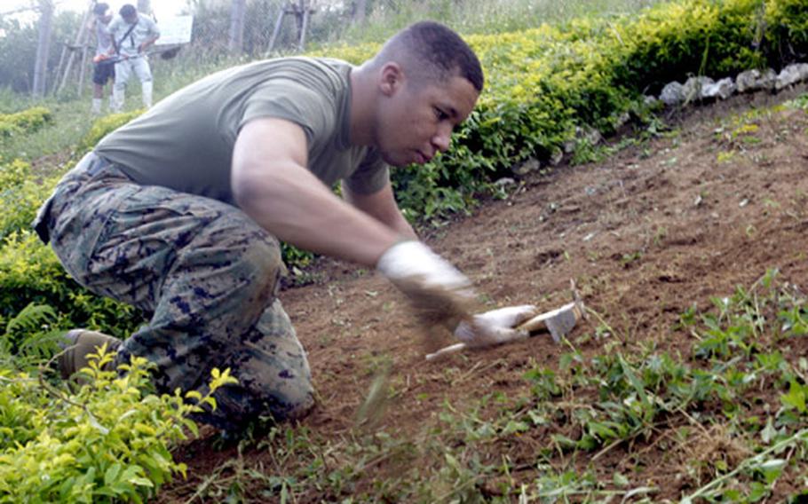 Lance Cpl. Marco N. Adams joins other Marines from Camp Hansen and Kin Town Chamber of Commerce members in tilling soil around a topiary during a highway beautification project.