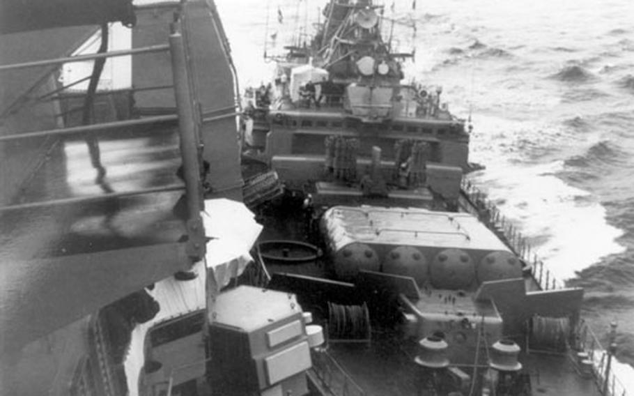 A Soviet Krivak-class frigate shown here from the deck of the USS Yorktown on Feb. 12, 1988, hit the Yorktown as it passed though Soviet territorial waters in the Black Sea. The ships were engaged in “shouldering,” a close-quarters maneuver used extensively during the Cold War.