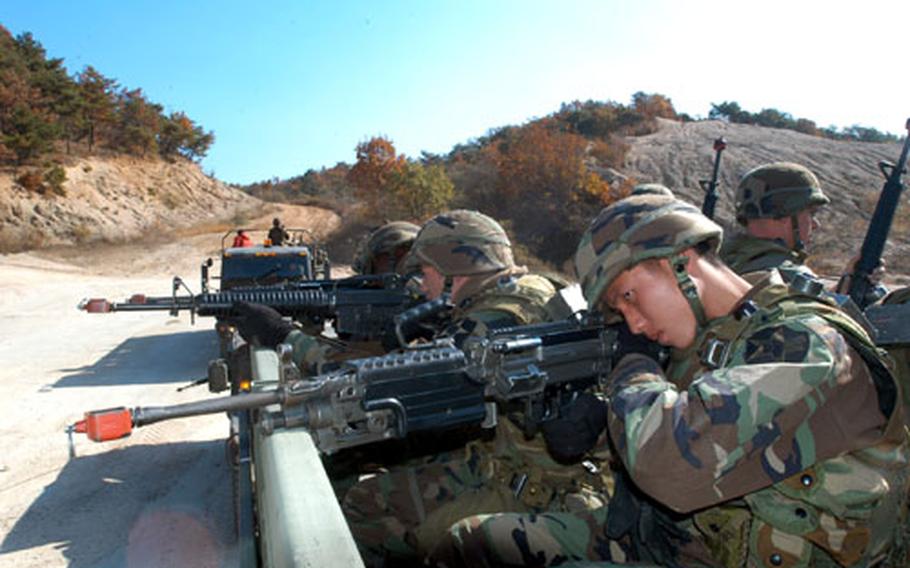 Company A, 602nd Aviation Support Battalion soldiers line up targets at Warrior Valley in South Korea on Monday.