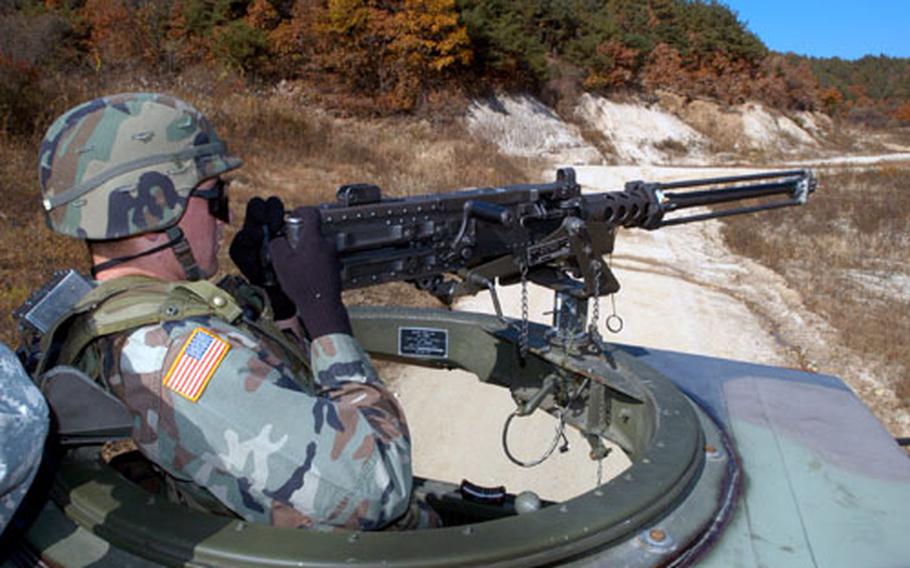 A Company A, 602nd Aviation Support Battalion soldier lines up targets.
