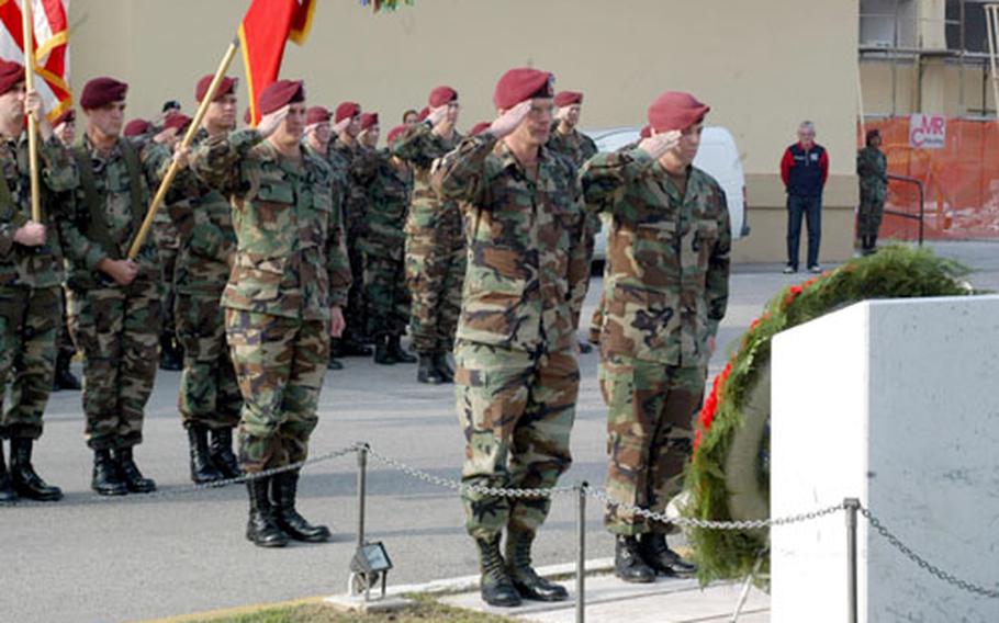 Lt. Col. Michael Shinners, commander of the 173rd Airborne Brigade rear detachment, and Bobby Wooldridge, first sergeant of the brigade’s headquarters company, lead a formation of Sky Soldiers in saluting nine comrades who died during the brigade’s year in Iraq.