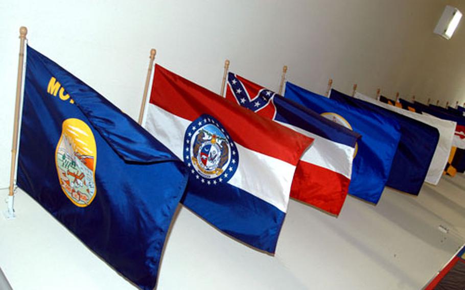 Fifty state flags adorn the cafeteria at Misawa Air Base’s Sollars Elementary School, which will be renamed “Flag Cafeteria” in honor of the Veterans of Foreign Wars of America.