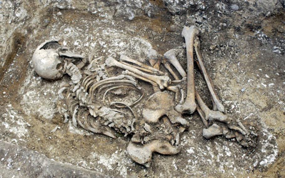 The bones of a 4,000-year-old Bronze Age woman rest in the bottom of a burial pit at a construction site at RAF Lakenheath. Five sets of remains, including three complete skeletons, were found at the site, which will eventually hold new base housing.