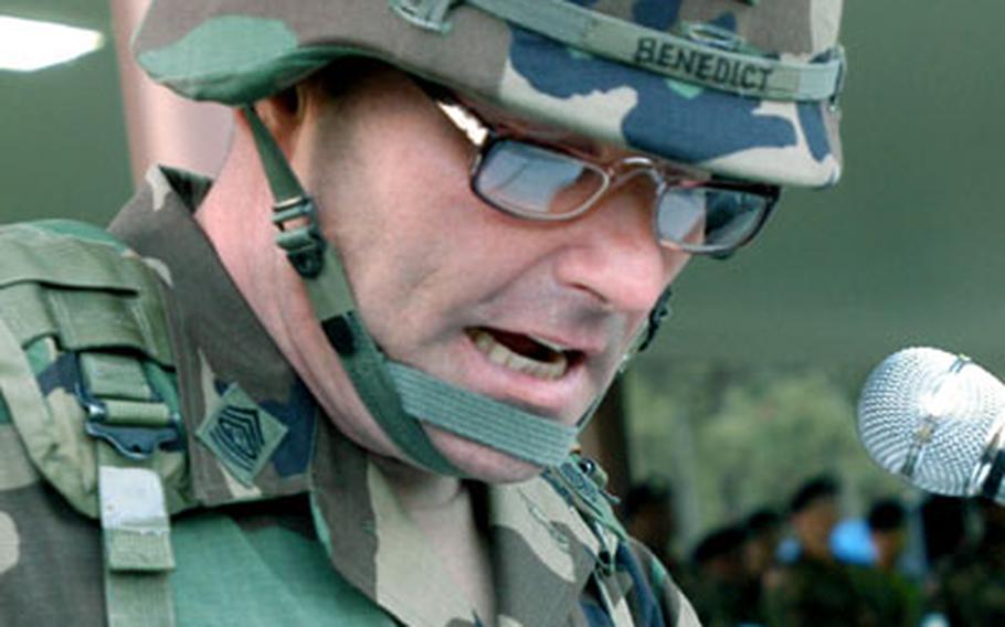 Newly arrived 2nd ID Command Sgt. Maj. James A. Benedict speaks at Camp Red Cloud on Wednesday.