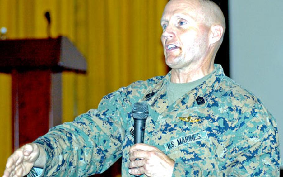 Marine Corps Sgt. Maj. William T. Kinney, Pacific Command’s top senior enlisted leader, spoke to enlisted troops at Misawa Air Base, Japan, on Tuesday at the end of a nine-day visit to Japan.