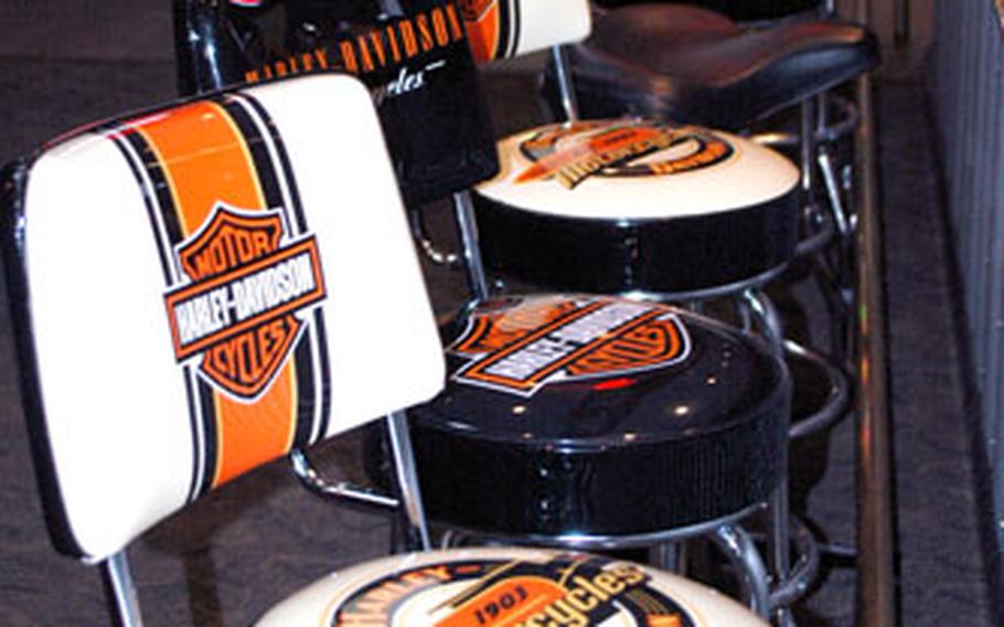 Seats emblazoned with the Harley-Davidson logo at the newly-renovated HOG Heaven tavern.