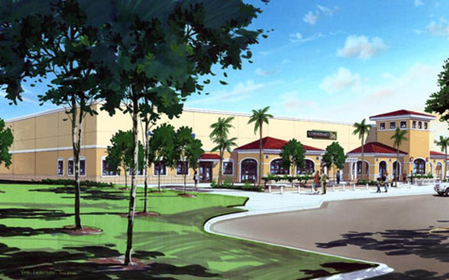 An artist rendering of the retail complex slated for Naval Station Rota, Spain. The $24.8 million complex, a combination of commissary and Navy Exchange, is scheduled to open about Sept. 2007.