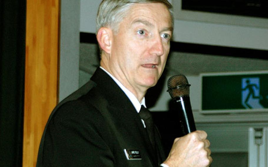 Rear Adm. James Kelly, commander, U.S. Naval Forces, Japan, speaks at Sasebo Naval Base, Japan, on Tuesday afternoon during his first visit to the base since taking command nine weeks ago.