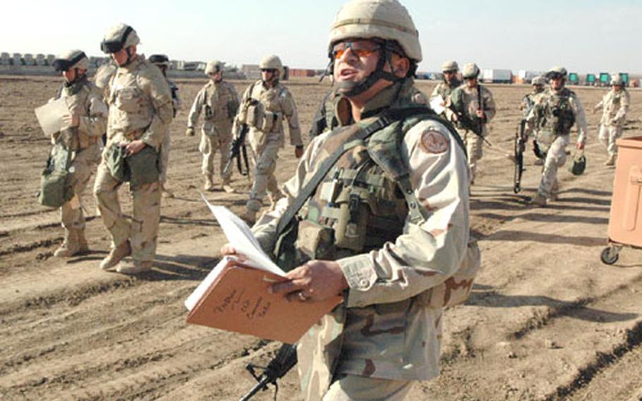 Sgt. First Class Joe Ramos leads soldiers from Packhorse Troop of Muleskinner Squadron, 3rd Armored Cavalry Regiment, through a pre-convoy battle drill Monday in Tal Afar, Iraq.
