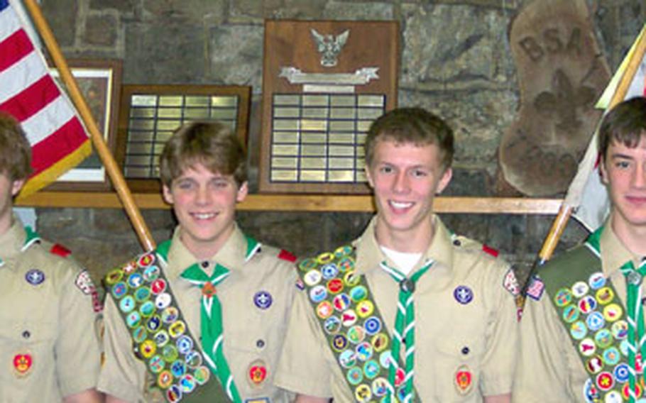 Four members of Boy Scout Troop 29 have earned their Eagle Scout awards. They are, from left, Joshua Hookness, James Marple, Matthew Harvey and Daniel Harvey.