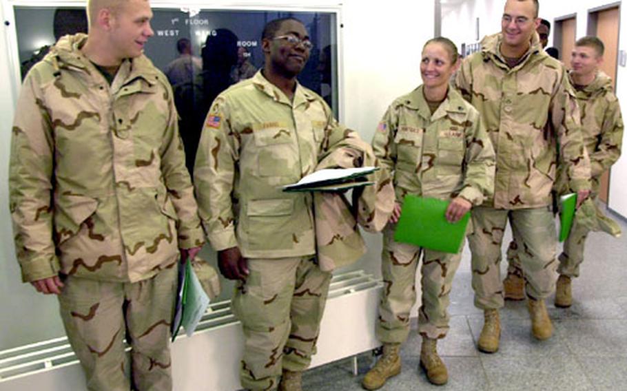 Soldiers from the 11th Transportation Company undergo reintegration training at Grafenwöhr, Germany, on Tuesday.