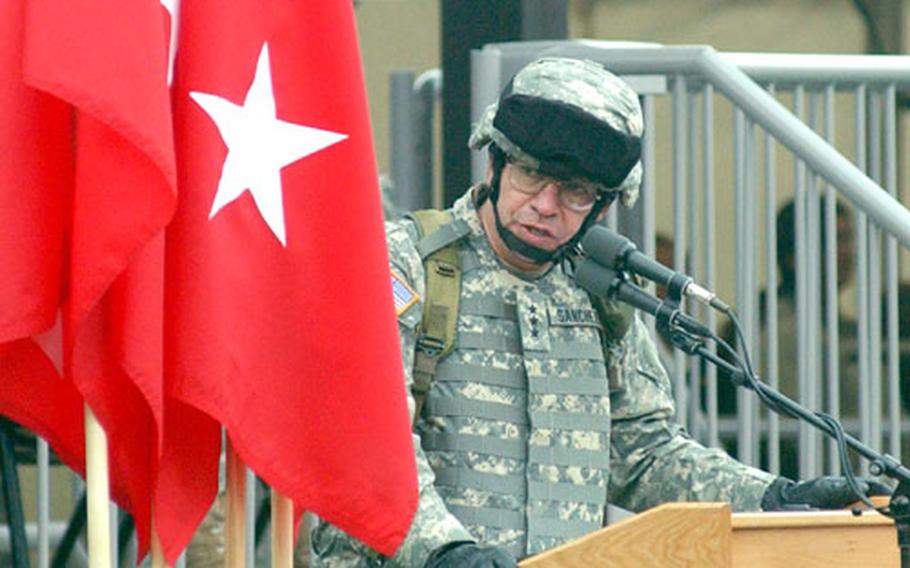 V Corps commander Lt. Gen. Ricardo S. Sanchez talks to the troops at the farewell ceremony in Heidelberg on Tuesday.