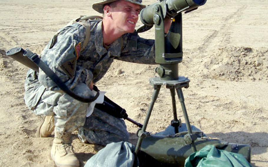 Cpl. Terry Bullard, ammunition team chief with Battery C, 4th Battalion, 27th Field Artillery Regiment, sets the sights on a M109 howitzer panormaic telescope. He is listening to the gunner's instructions to match his sight picture with the howitzer's sight. The 27th FA is with the 1st Armored Division's 2nd Brigade, and is to remain in Kuwait as a call-forward force for the U.S. Central Command in Iraq.