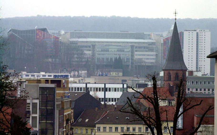 Fritz Walter Stadium in Kaiserslautern, Germany, surrounded by streets currently blocked off to traffic as renovation and expansion work there continues. The stadium will host 2006 World Cup soccer matches this summer.