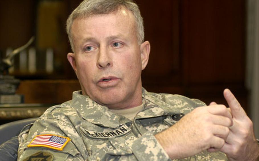The new U.S. Army Europe commander, Gen. David D. McKiernan, talks about USAREUR and Operation Iraqi Freedom with Stars and Stripes in his office on Campbell Barracks in Heidelberg, Germany.
